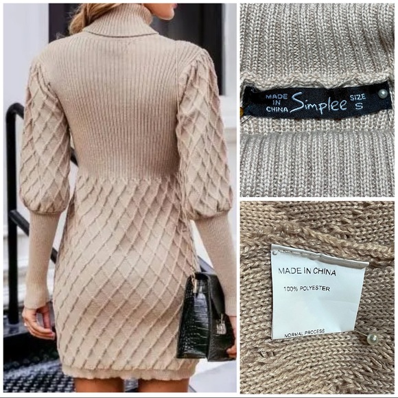 Simplee Women's Long Sleeve Bodycon Sweater Dress Cable Knit Turtleneck Small - Picture 4 of 4